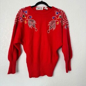 Retro Red 80s Beaded Sweater | Vintage Glam Knit | Jewel Shoulder‎ Angora Look